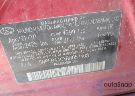 2011 Hyundai Sonata Gls from USA, damaged, VIN 5NPEB4ACXBH057408
